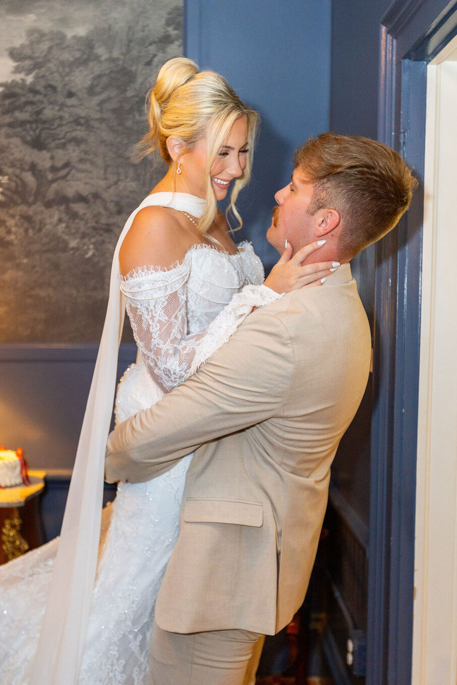 Bride and Groom are looking at each other at The Jazz Chapel Wedding Venue in Weatherford, Texas