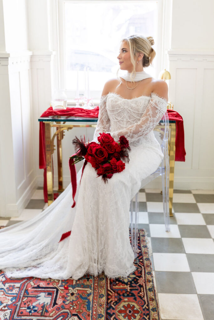 Jazz Chapel Wedding Venue Bride sitting at decorated table